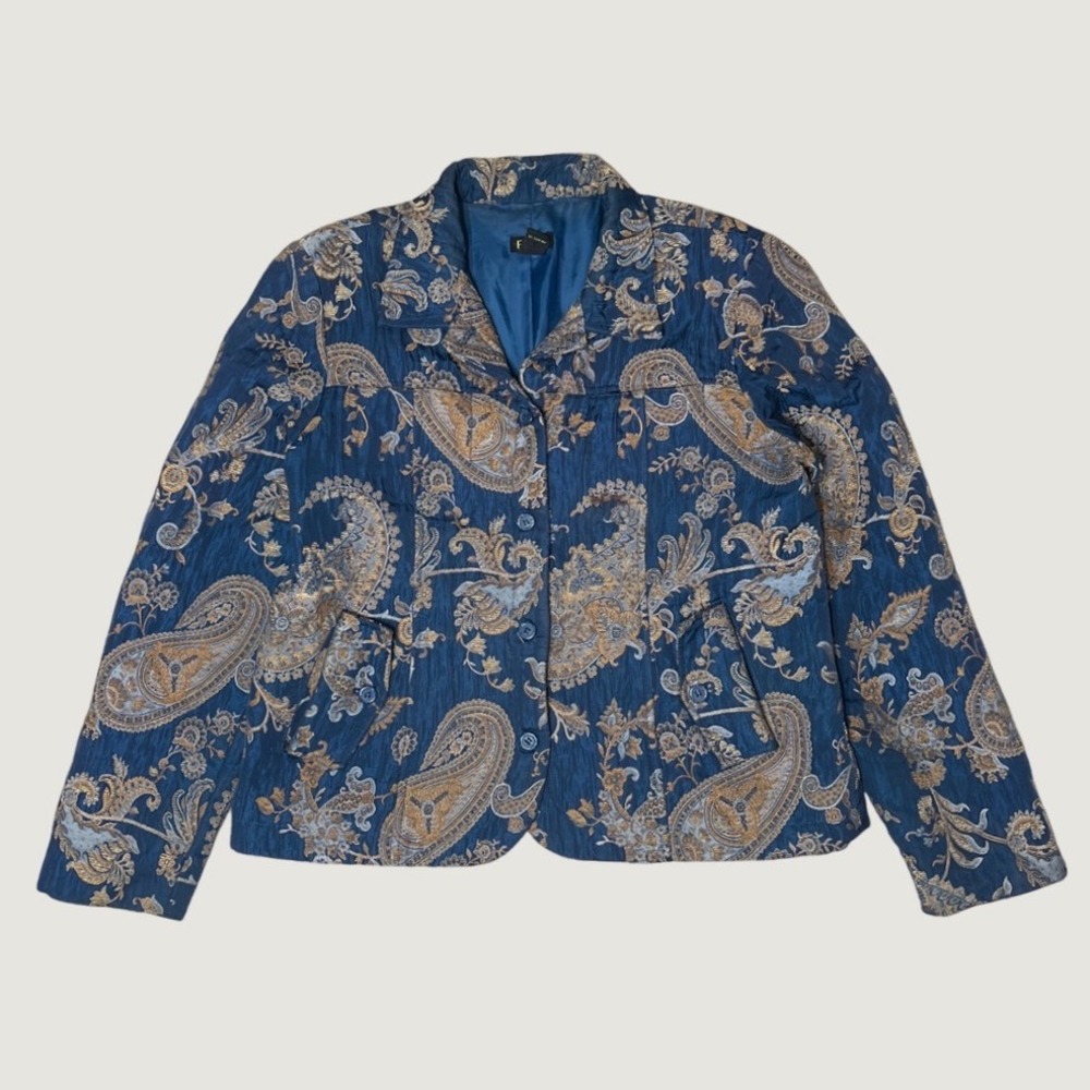 Vintage 90s Blazer Jacket Paisley Brocade Blue Gold Large Whimsigoth Maximalist
